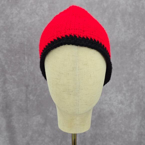 Red Black Crochet Knit Bucket Cap Hat Fun Vintage Y2K Funky Beanie - Picture 2 of 4